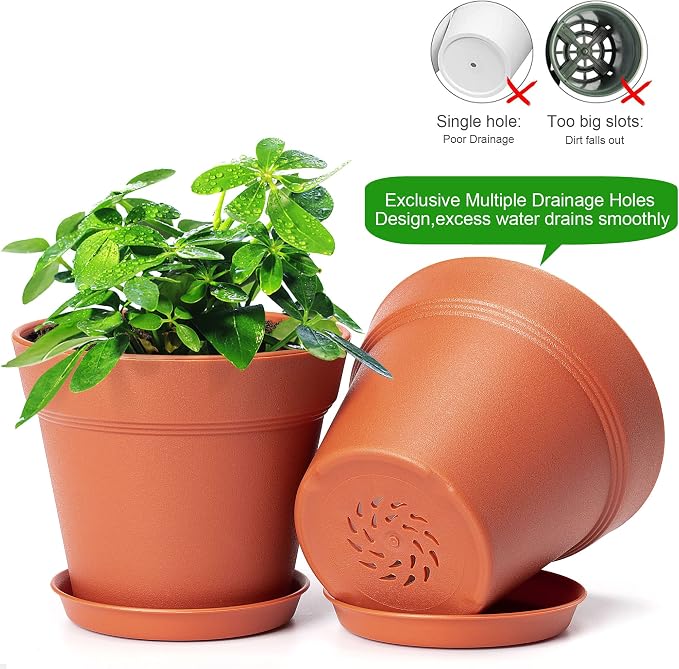 10 Pack Plastic Plant Pots with Drainage Holes and Tray, 6 inch Thickened Indoor Planters Seedlings Nursery Pots for Flowers, African Violet, Succulent and All House Plants, Terracotta