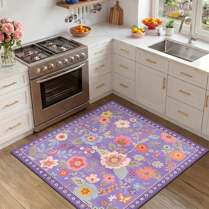 RELEANY Floral Washable Square 4ft Area Rug Purple/Pink | Flower Carpet, Print, Boho, Non-Slip, Easy to Clean, Soft, Low Pile for Living Room Bedroom Kitchen Office Entryway Hallway