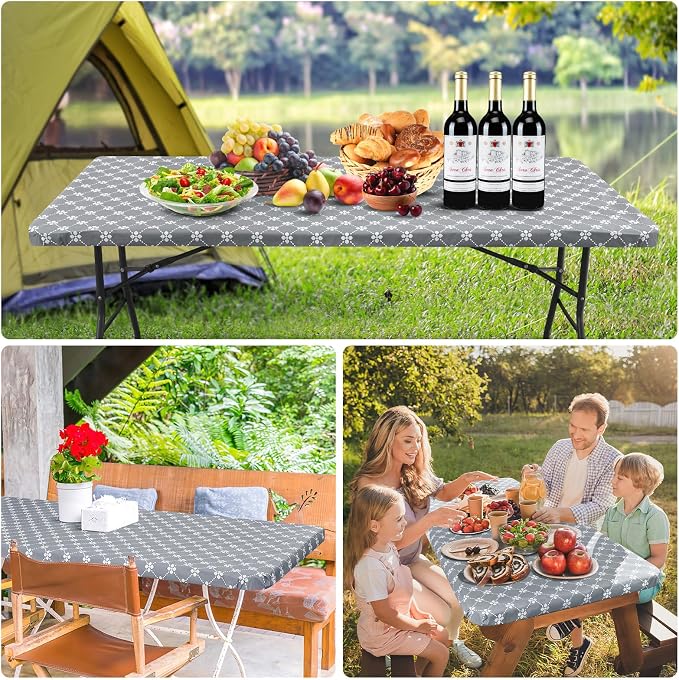misaya Rectangle Vinyl Table Cloth, Elastic Fitted Tablecloth with Flannel Backing, Waterproof Plastic Table Cover Fits 5 Foot Folding Tables for Picnic, Camping, Indoor and Outdoor (Grey, 30" x 60")