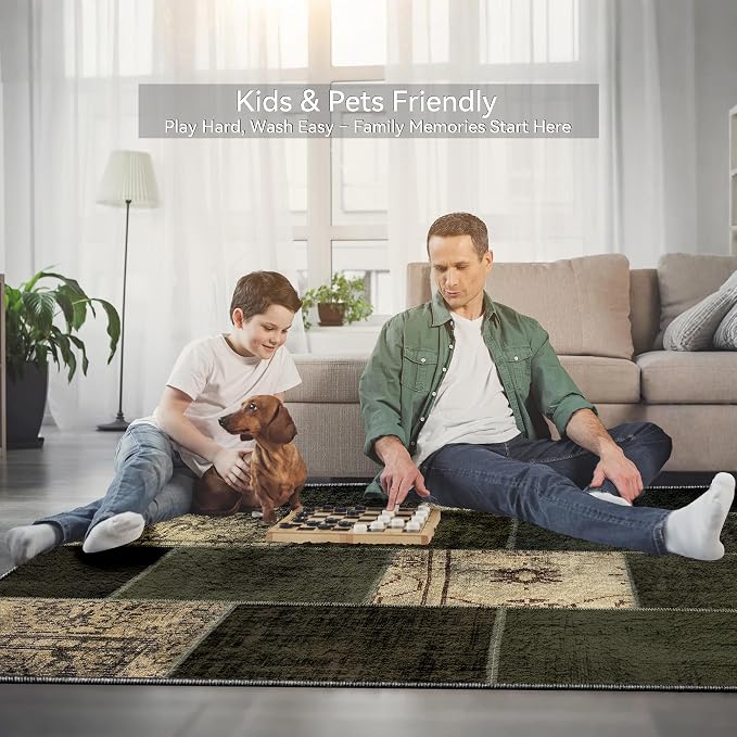 Nayoroom Modern Abstract Sega Green Distressed 8x10 Area Rug, Soft Faux Wool Washable Non-Slip Stain Resistant Rug, Geometric Patchwork Modern Design Rug for Living Room Bedroom.