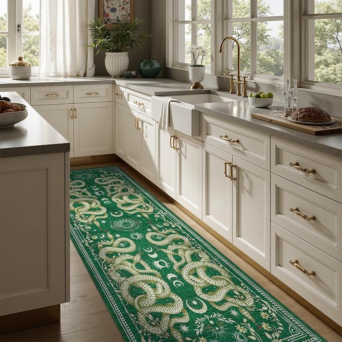 DCX 2x6 Washable Snake Rug for Living Room, Non Slip Low Pile Rug, Green | Rugs for entryway, kitchen, dining room, office, soft, kid & pet friendly, sain resistant indoor carpet, home decor