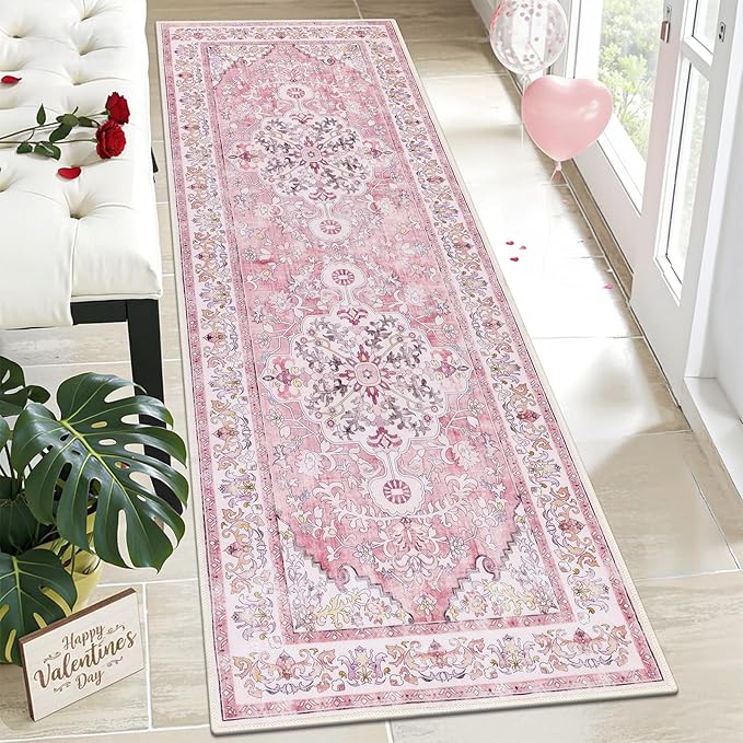 U'Artlines 2' x 6' Boho Hallway Runner Rug, Washable Carpet, Pink | Non Slip, Vintage Farmhouse Accent Area Rug Carpet, for Kitchen Entryway Laundry and Living Room