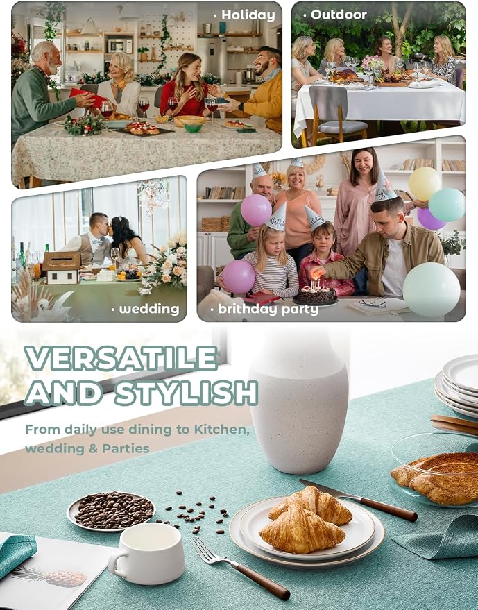 Decorelia Faux Linen Farmhouse Table Cloth 60"x104" for 6 ft Rectangle Table, Aqua Waterproof Outdoor Washable Cloth Tablecloth for Rectangular Dining Room Kitchen Outdoor Party Restaurant Decor