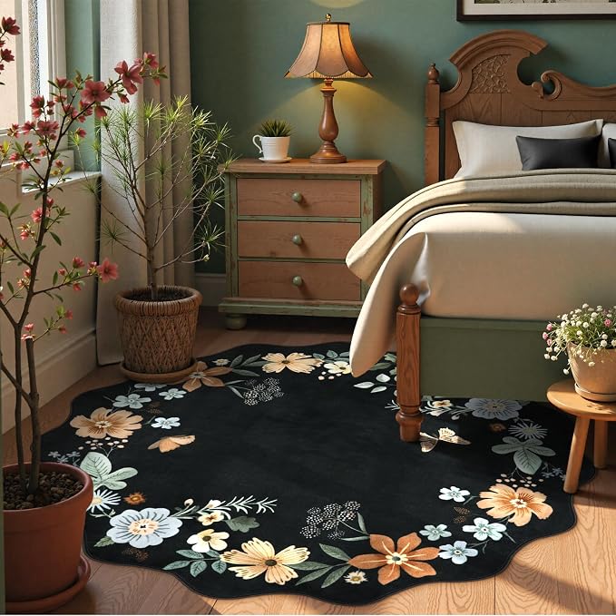 Lahome Floral Washable Round Area Rug, Soft Round Rugs 6ft Ultra-Thin Black | Non-Slip Boho Large Circle Carpet for Bedroom Living Room Kitchen Nursery Flore Black/Grey