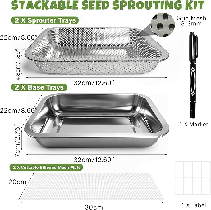 2 Pack Stainless Steel Seed Sprouter Trays, 2-Tier Soil-Free Microgreens Growing Kit, Rust-Free Sprouting Tray with Mesh Pads for Sprouts Beans Alfalfa Wheatgrass (12.6"*8.7"*2.8")