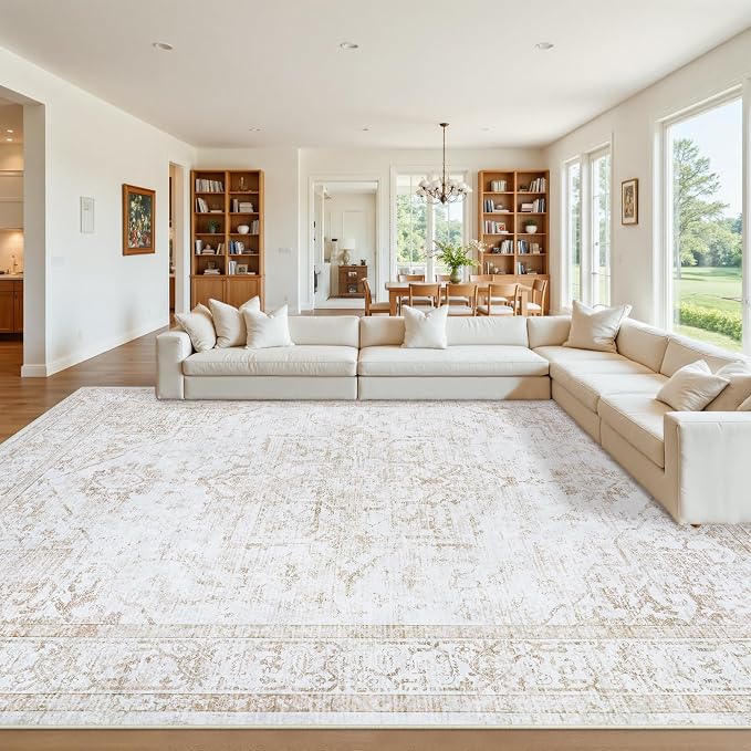 10x12 Washable Area Rugs for Living Room Beige Non-Slip Rug | Vintage Medallion Rug，Soft Low Pile Large Rugs，Indoor Retro Carpet for Bedroom Nursery Dining Table Farmhouse Home Office