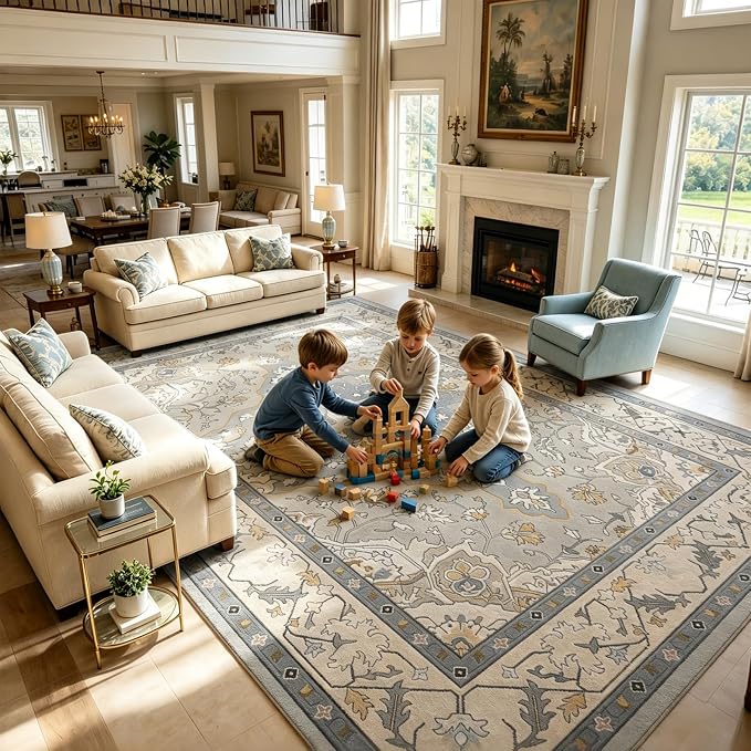 Vintage Farmhouse 8x10 Washable Rug | Non-Slip, Stain Resistant, Low-Pile Carpet for Living Room, Dining Room, Bedroom, Office, Grey Green