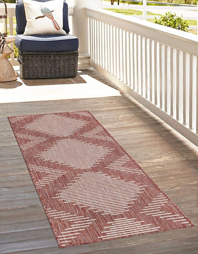 Unique Loom Outdoor Modern Collection Area Rug - Tambor (2' x 6' 1" Runner, Rust Red/ Ivory)