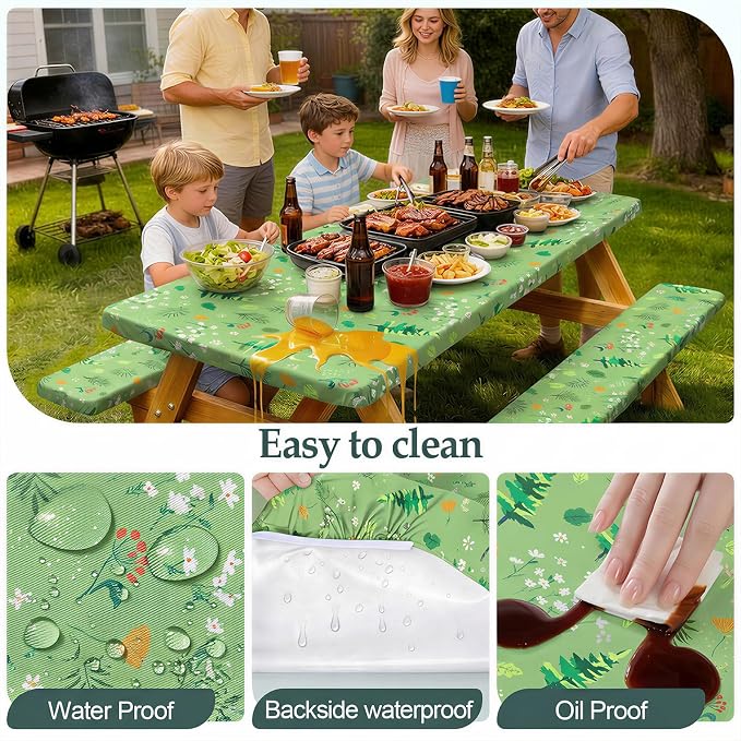 Picnic Table Cover with Bench Covers Camping Essentials Waterproof Windproof Camping Tablecloth with Drawstring Bag, Fitted Rectangle Tables and Seats, 60in, Grass Green