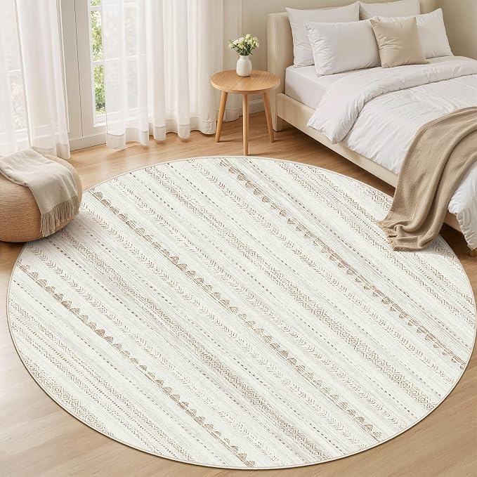 Nakagishi Round Rug Boho Area Rugs: 4x4 Washable Large Circle Neutral Soft Stain Resistant Non-Slip Carpet for Women Aged 25-45 Farmhouse Decor Enthusiasts - Living Room Bedroom Dining Room Nursery