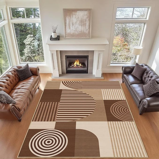 8x10 Area Rug for Living Room Brown Geometric Rug Machine Washable Minimalist Line Mid Century Modern Area Rugs Non Slip Low Pile Large Dining Room Indoor Floor Carpet for Bedroom Kitchen Office,Brown