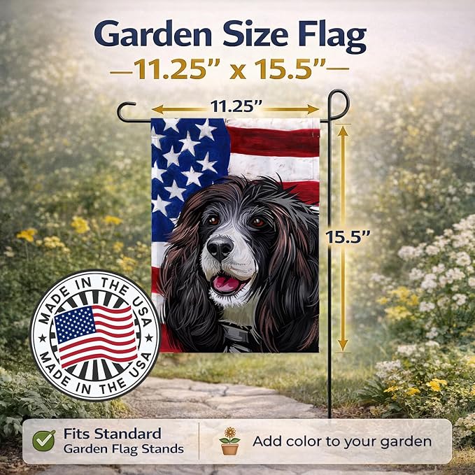 Caroline's Treasures CK6679GF Russian Spaniel Dog American Flag Garden Flag Mailbox Flag Decorative Yard Flag Banner Outside Patio Artwork Yard Flower Beds, Garden Size, Multicolor