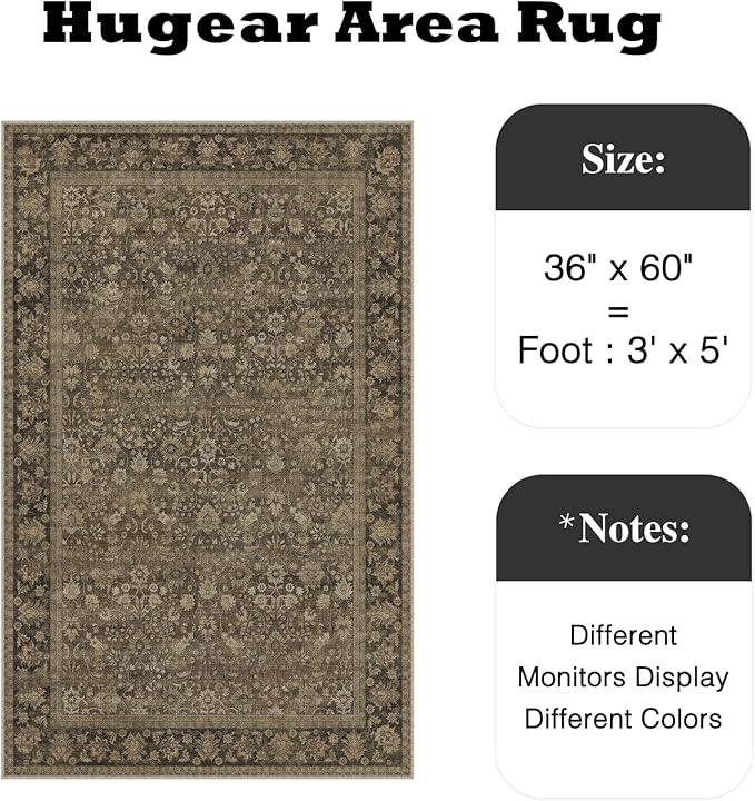 HUGEAR 3x5 Indoor/Outdoor Rug Brown Linen-Look Fabric Vintage Area Rug High Traffic Stain Resistant Easy Clean Durable Rugs for Living Kitchen Patio Deck Balcony Porch Garden Courtyard