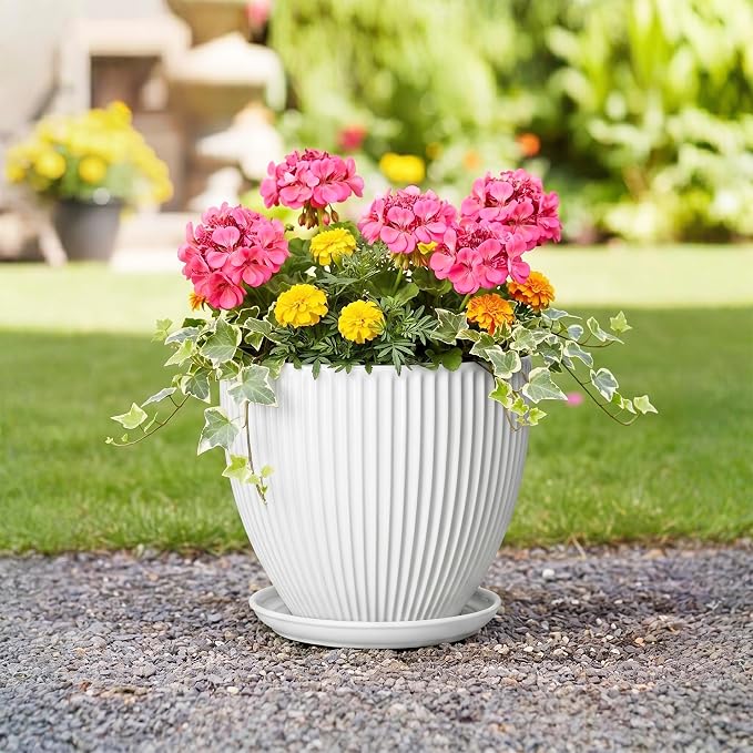 10 Inch Planter, Ceramic Plant Pots with Drainage Hole and Saucer, Modern Large Planters for Indoor Plants, Round Planter, Decorative Flower Pots, Living Room Decor, Gifts for Men Women, White