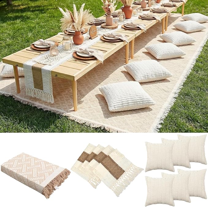 Beeveer Extra Large Outdoor Boho Picnic Blanket 181'' x 71'' Beige White Table Runner 6 Throw Pillow Cover Woven Cotton Yarn Oversize Beach Blanket Washable for Picnic Camp Wedding
