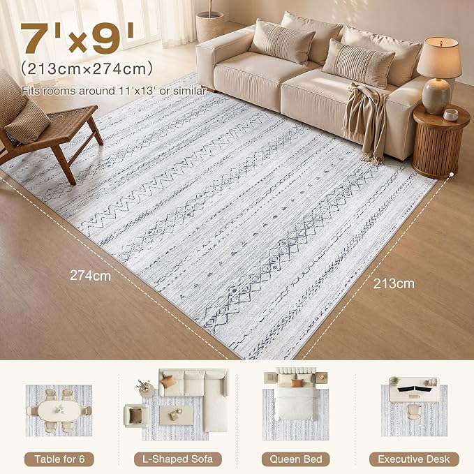 cotiled Boho 7x9 Area Rug for Living Room: Large Moroccan Washable Rug | Stain Resistan Indoor Carpet for Bedroom Dining Room Beige Grey