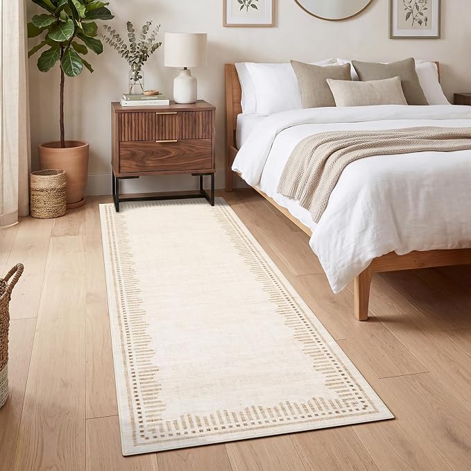Garvee Washable Hallway Runner Rug 2x6 Non Slip Neutral Scalloped Runners | Beige Low Pile Stain Resistant Kitchen Runner Mat Solid Color Modern Geometric Living Room Bedroom Nursery Entry Area Rugs