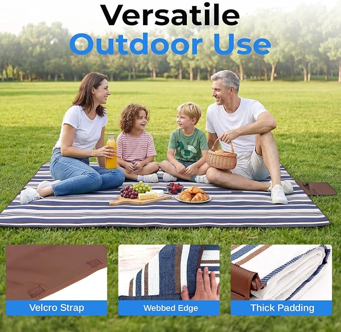 scuddles 60" x 80" Extra Large Outdoor Picnic Blanket – Waterproof, Foldable Travel Mat for Beach, Camping, Grass, Lawn, Park – Dual Layer, Sand-Free, Soft Throw Rug Fits 4 Adults, Summer Accessories