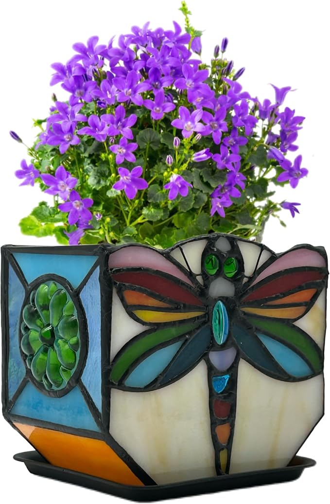 Handcrafted Stained Glass Dragonfly Planter, Decorative Indoor Flower Pot, Succulent Pots with Drainage, Gifts for Plant Lovers
