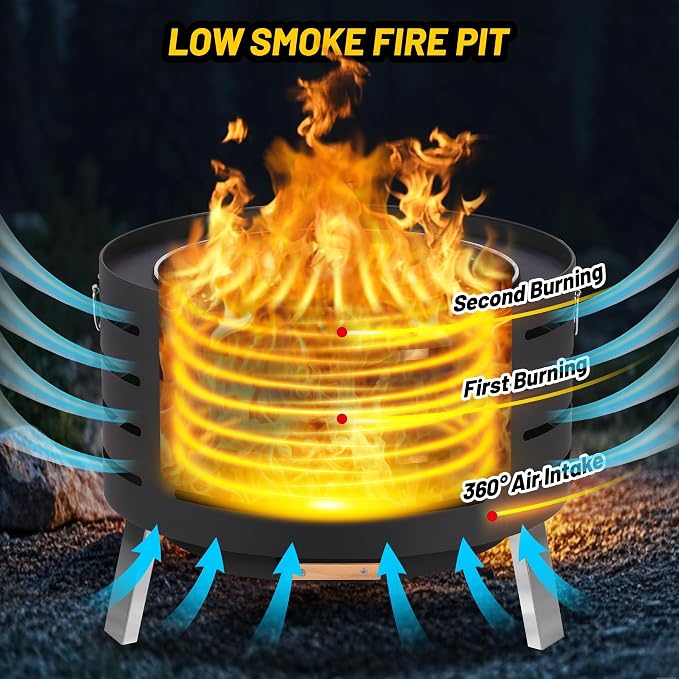 Garvee Smokeless Outdoor Fire Pit – 360° Airflow, Removable Ash Pan, Bamboo Lid, Rainproof Cover – Low Smoke Traditional Stove – 30 Inch Size – Ideal for Patio, Backyard, Camping – Size: 30 Inch