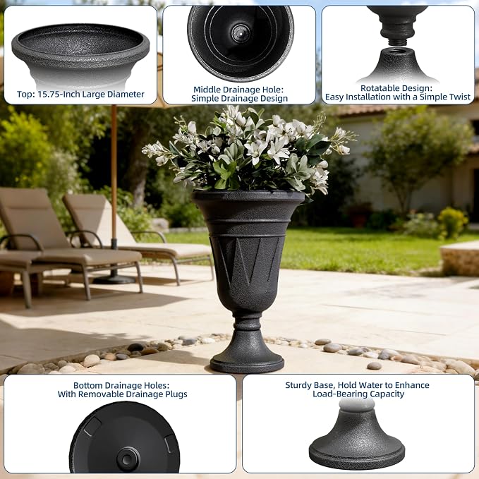 Tall Urn Planters for Outdoor Plants Set of 2-23.6" H Vintage Trophy Design Outdoor Planters for Porch Decor with Drainage Hole, Indoor Large Flower Pots, Pedestal Planter/Garden Vase, Black