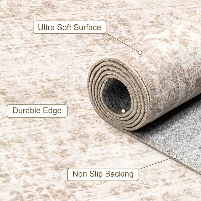 6x9 Area Rugs Living Room: Washable Rug for Bedroom Beige Brown | Boho No Slip Stain Resistant Rug Soft Indoor Decor Floor Floral 6x9 Area Rugs for Dining Room, Nursery, Hallway, Home Office