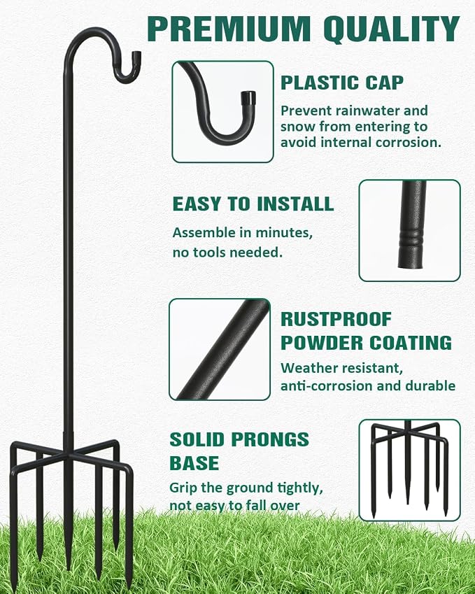Breeze Touch 2Pack 92 Inch Adjustable Shepherd Hooks for Outdoor Outside, Heavy Duty with 7 Prongs Base, for Hanging Lantern, Hummingbird Feeder, Lightweight Plant, Wind Chime, Bird Feeder Hanger