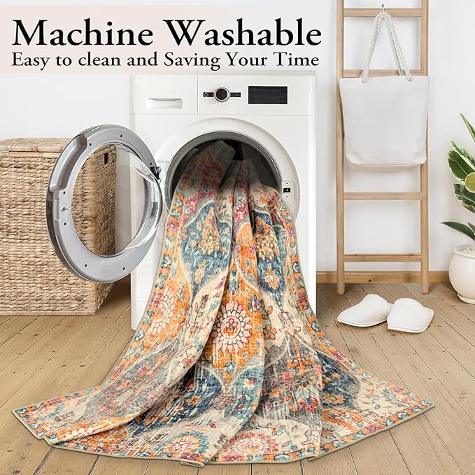 Lahome Moroccan 6x9 Rugs for Living Room, Soft Washable 6x9 Area Rug for Bedroom, Ultra-Thin Oriental Trellis Non Shedding Throw Large Carpet for Dining Room Office Elise, Cream/Multi