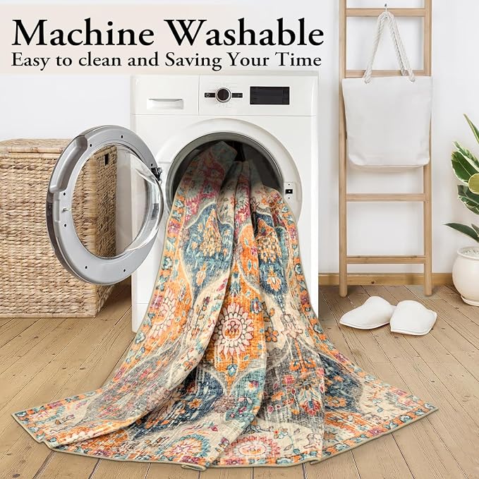 Lahome Moroccan Washable Area Rugs 8x10, 8x10 Rugs for Living Room Bedroom, Non Slip Low Pile Distressed Stain Resistant Rug for Kids Pets High Traffic Areas Elise, Burnt Orange