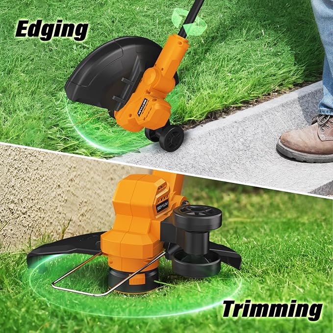 SEYVUM String Trimmer, 20V 12-inch Cordless Weed Trimmer with Auto Line Feed, 2 X 2.0Ah Battery Powered Lawn Edger with 8 Pcs Grass Cutter Spool Line, Orange