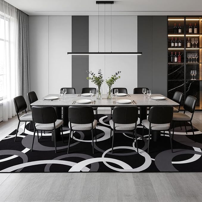 Black and White 8x10 Area Rugs for Living Room, Circle Pattern Washable Rug for Bedroom Non Slip Low Pile, Soft Modern Carpet for Dining Room Playroom Home Office Decor