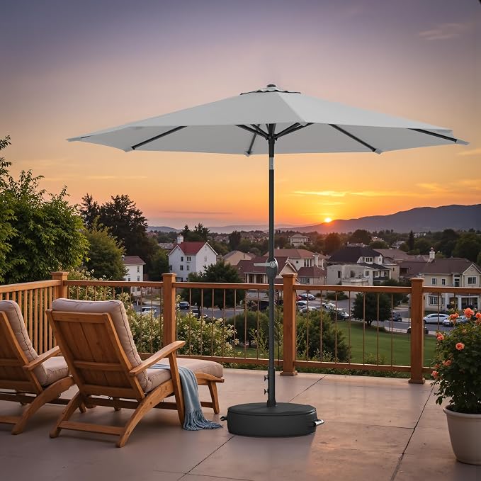 Greesum Outdoor Patio Umbrella with Base, Table Umbrella with 8 Sturdy Ribs, Push Button Tilt and Crank, Market Table Parasol for Garden, Lawn, Backyard & Pool, White