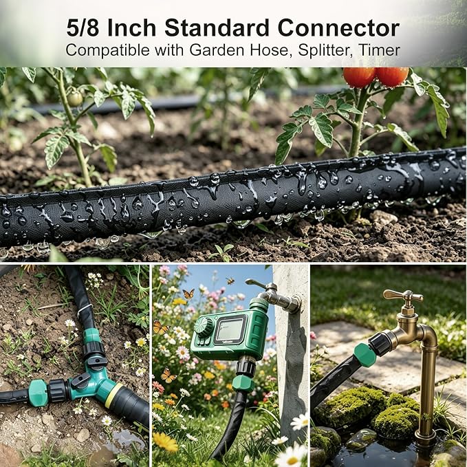 Flat Soaker Hose 15 ft 2-Pack with Splitter, 80% Water-Saving Drip Irrigation Hose, Linkable DIY Garden Soaker Hose System for Garden Beds, Lawn, Vegetables & Trees (15ft 2-pack)