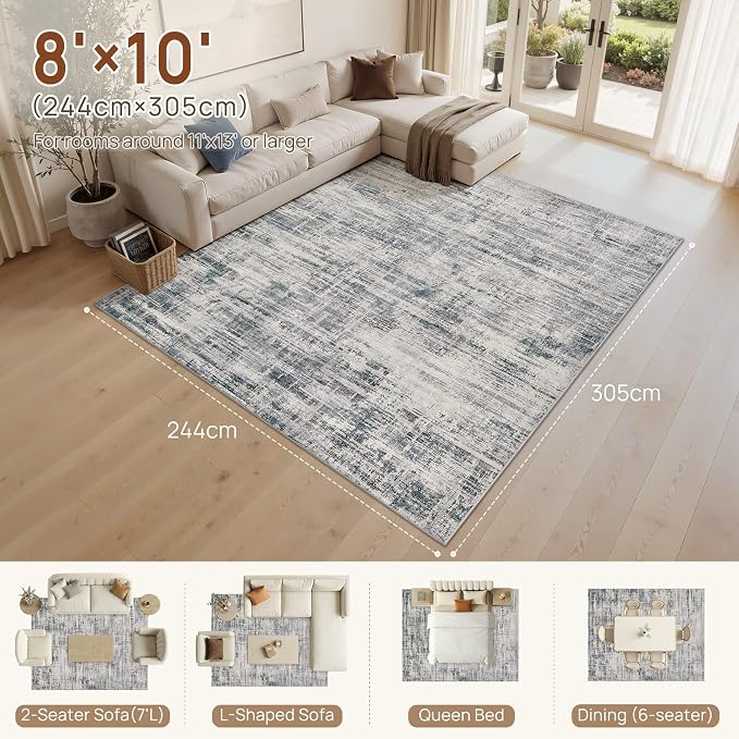 UERMEI 8x10 Area Rug for Living Room Washable Abstract Gray Carpet | Low Pile Non-Slip Soft Neutral Modern Kid Pet Friendly Large Rugs For Bedroom Dining Room Nursery Office Indoor Decor