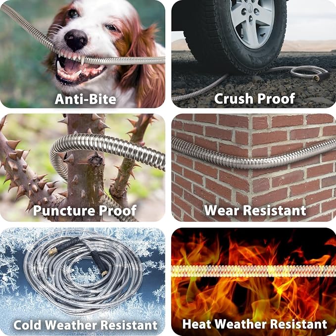 100FT Metal Garden Hose 304 Stainless Steel Flexible Water Hose - No Kink & Tangle Heavy Duty Pipe with Nozzle, Durable 3/4 Brass Fittings and Valve - Rust Proof Puncture Proof for Yard Lawn