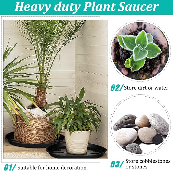 Eccliy 6 Pack Plastic Plant Saucer Heavy Duty Planter Saucers Large Plant Pot Saucers Plastic Water Trays for Indoors and Outdoors Flower Plant Plant Drip (Black,20 Inch)