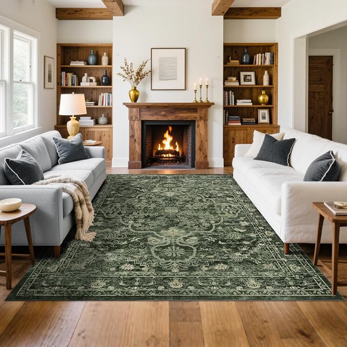 U'Artlines Boho Vintage Area Rug 8x10 Machine Washable Carpet, Dark Green | Low Pile, Non Slip, Ultra-Thin Soft Floor Carpet, Accent Rug for Living Room Bedroom Dining Room Office