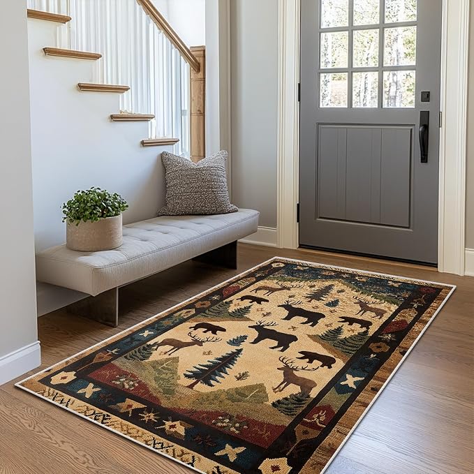 Farmhouse Cabin Area Rug Rustic Deer Bear Washable 3x5 Rugs for Living Room Bedroom Western Country Non-Slip Soft Floor Large Carpet for Office Entryway Bathroom