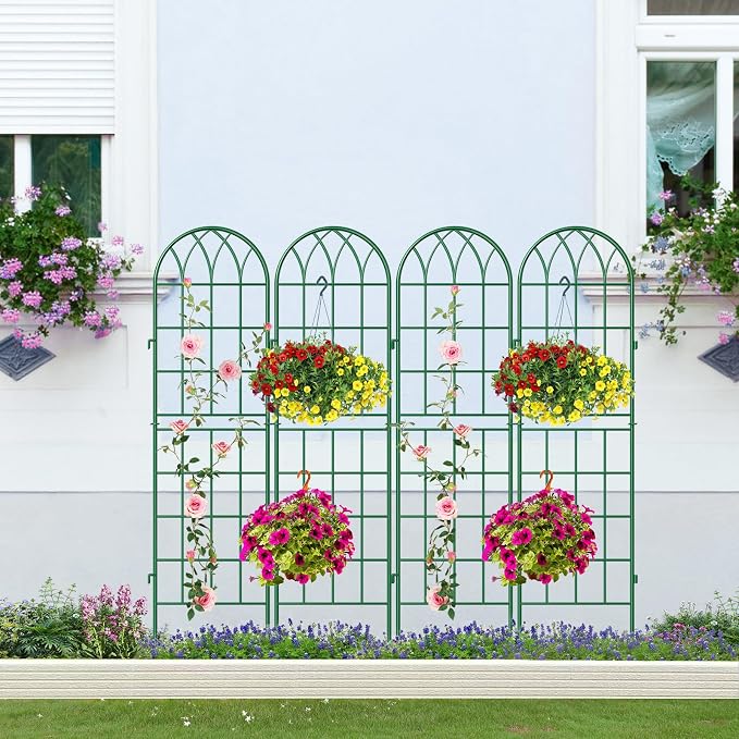 SUNYRISY 4Pack Metal Garden Trellis for Climbing Plants Outdoor, 59x16in Metal Plant Support for Flowers Tomato Cucumber Rose Vegetable Garden Courtyards Lawns Decoration, Green