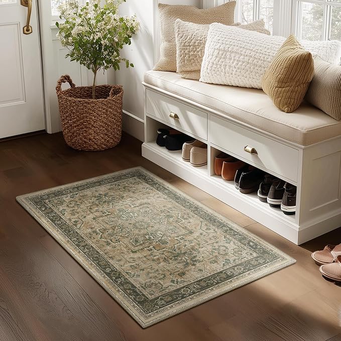 Vintage Distressed 2x3 Kitchen Rugs Washable Non Slip, Moody Medallion Door Mat Indoor Entrance Entryway, Small Low Pile Rugs for Bedroom/Bathroom Vanity/Laundry Room, Multi Brown/Olive Green
