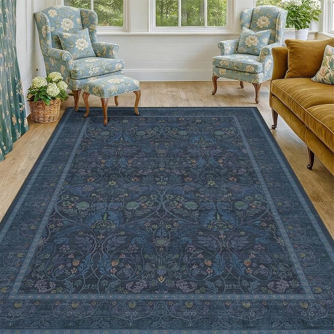 Dark Blue 5x8 Boho Living Room Rug - Small Washable Rugs for Dining Room, Non Skid & Low Pile Soft Carpet for Bedroom Under Bed, Nature Botanical Pattern Mats