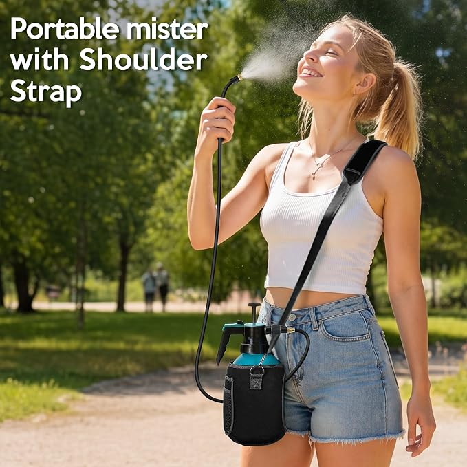 Aurelema Personal Mister, 2 in 1 Water Spray Bottle with 3.3ft Extend Mist Line/Neoprene Jacket/Strap, Portable Handheld Pump Spray Bottle for Outdoor Cooling, Hiking, Garden, Pet(Black,2L)