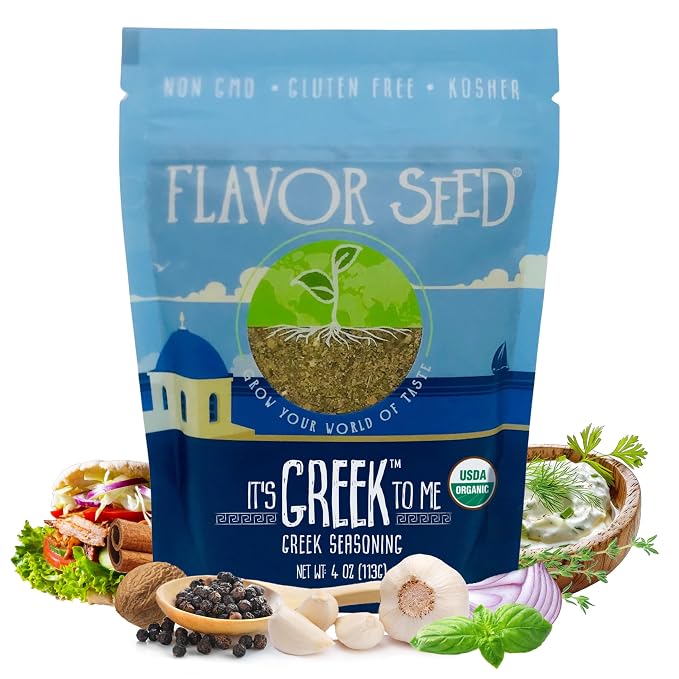 Organic Greek Seasoning Blend - It's Greek To Me by Flavor Seed, Mediterranean Herbs & Spices for Gyro, Tzatziki & Kebab, Carnivore & Keto Friendly, 4 oz Resealable Bag