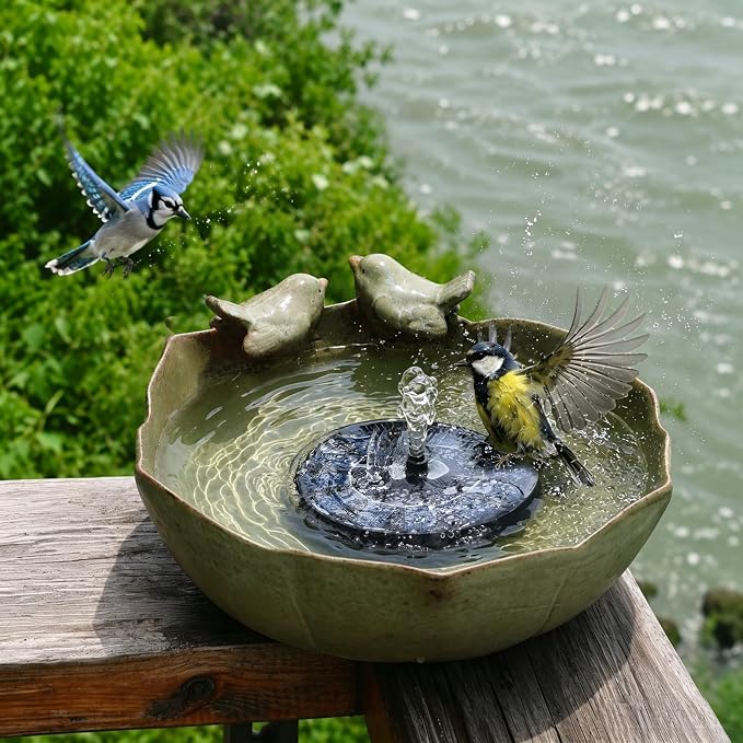 Bird Bath with Solar Fountain Bubbler, 10.1" Solar Bird Bath Fountain for Outdoors, Ceramic Bird Bath Bowl for Garden, Patio, Balcony & Yard Decor