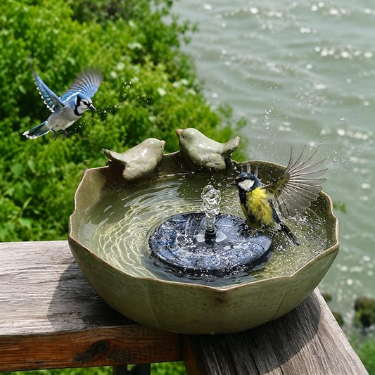 Bird Bath with Solar Fountain Bubbler, 10.1" Solar Bird Bath Fountain for Outdoors, Ceramic Bird Bath Bowl for Garden, Patio, Balcony & Yard Decor