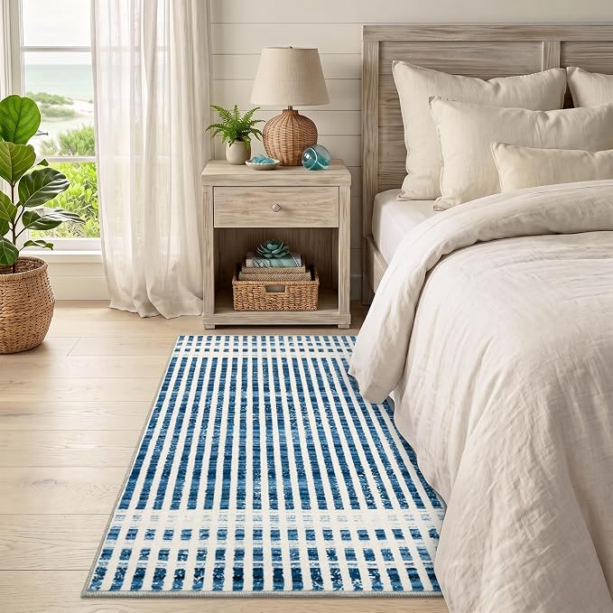 Washable 2x3 Modern Striped Area Rug, Abstract Small Throw Rug for Entryway | Beige Blue, Soft Low Pile, Skin Friendly, Non-Slip for High Traffic, Entrance Vintage Coastal Nautical Style Home Decor