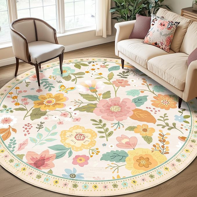 RELEANY Floral Washable Round 8ft Area Rug Beige/White/Orange | Flower Carpet, Print, Boho, Non-Slip, Easy to Clean, Soft, Low Pile for Living Room Bedroom Kitchen Office Entryway Hallway