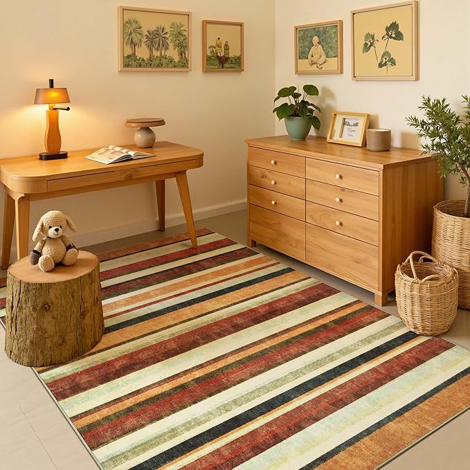 jinchan 5x7 Area Rug Modern Striped Washable Living Room Rug, Caramel Dusk | Non-Slip, Thin, Lightweight, Low Pile, Decor Carpet, Modern, Entrance, Entryway, Bedroom, Kitchen, Dining Room, Home Office