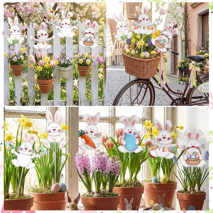 Pickmesh 6 Pcs 12" H Easter Yard Sign Metal Rabbits Yard Stake Bunny Barn Garden Stake Easter Decoration Outdoor for Planter Pot Spring Walkway Pathway Lawn Decor