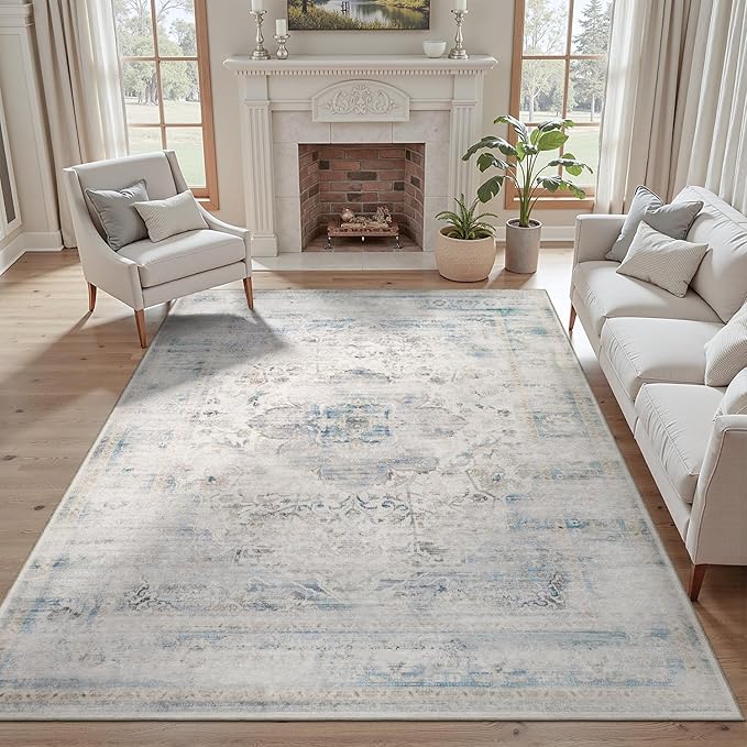 DCX Washable 4x6 Blue Rug Stain Resistant Distressed Vintage Rug | Kid & Pet Friendly with Rubber Back Non Slip Soft Low Pile Large Carpet for Living Room, Bedroom, Home Office